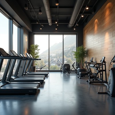 Fitness center with view of mountains