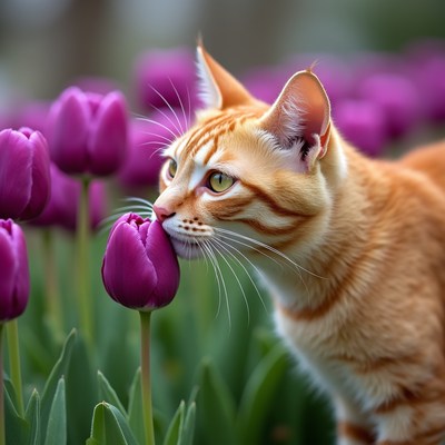 Cat exploring purple tulips in garden