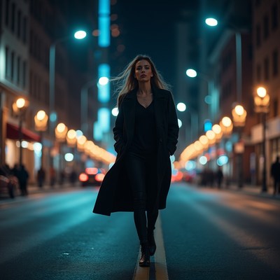 Woman walking on city street at night
