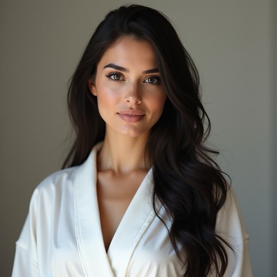 Model in white robe poses indoors
