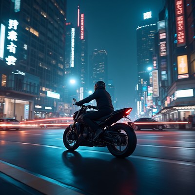 Motorcycle ride through city streets at night
