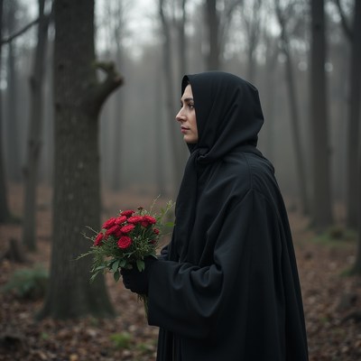 Woman in forest with flowers