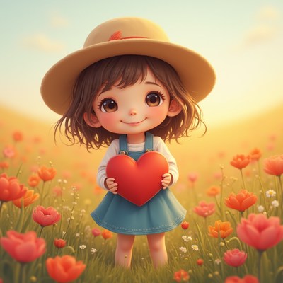 Child holding heart in flower field