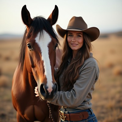 Woman with horse in brown field during sunset