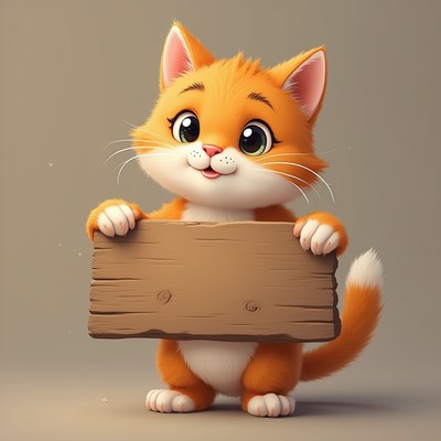 Cute orange cat holds a wooden sign