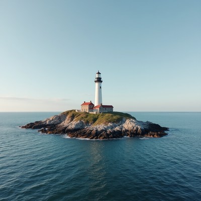 Lighthouse on rocky island in ocean