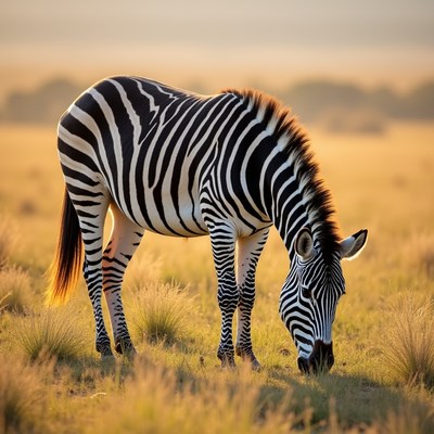 Zebra grazes in golden grassland