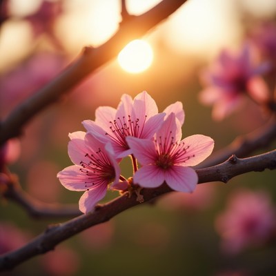 Cherry blossoms bloom at sunset