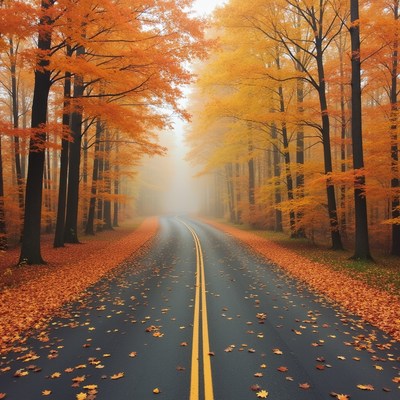 Autumn road in foggy forest