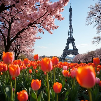 Tulips bloom near eiffel tower