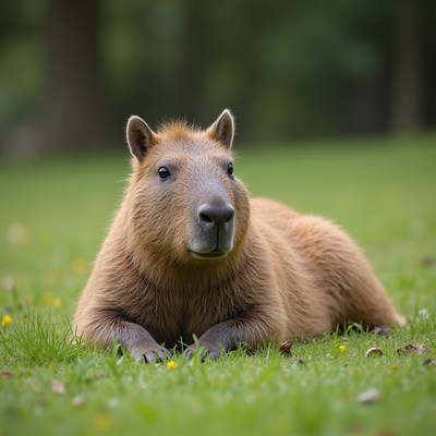 Capybara resting in green grass