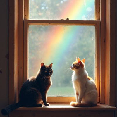 Cats sitting by window with rainbow