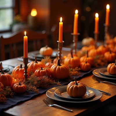 Autumn dinner with pumpkins and candles