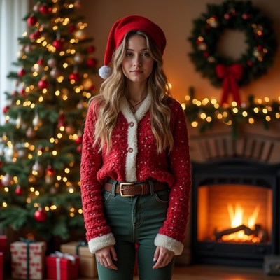 Young woman in festive outfit indoors