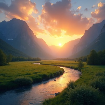 Sunset over the valley and river