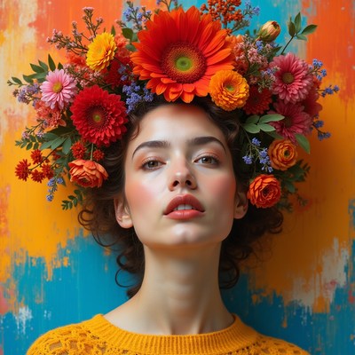 Bright flowers on womanâ€™s head