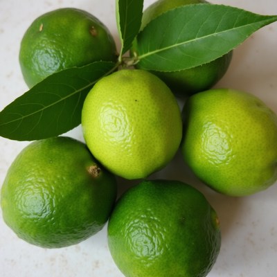 Fresh limes with green leaves on surface