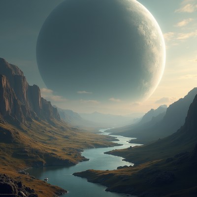 River flows under distant planet