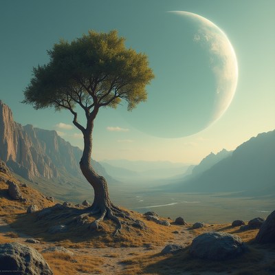 Lone tree with a distant planet in sky