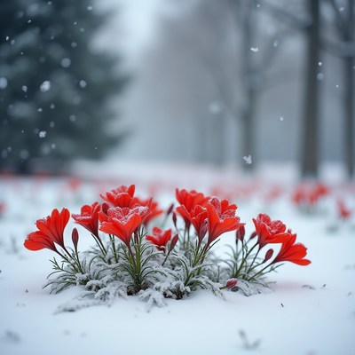 Snow-covered flowers in winter scene