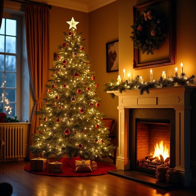 Christmas tree and fireplace scene