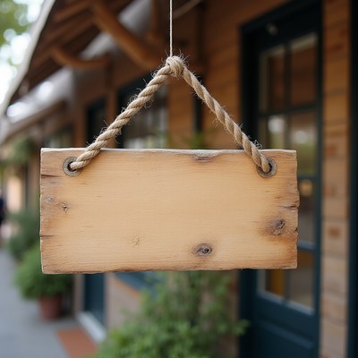 Wooden sign hanging at an entrance