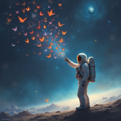 Astronaut reaching for butterflies in space