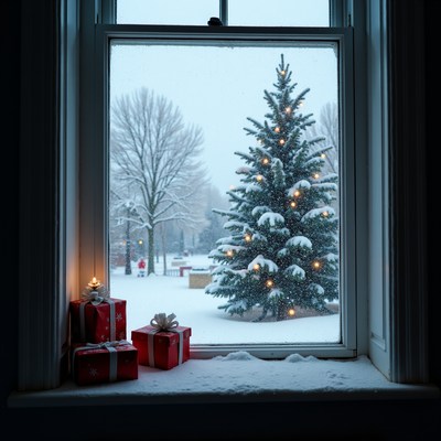 Snowfall outside a winter window scene