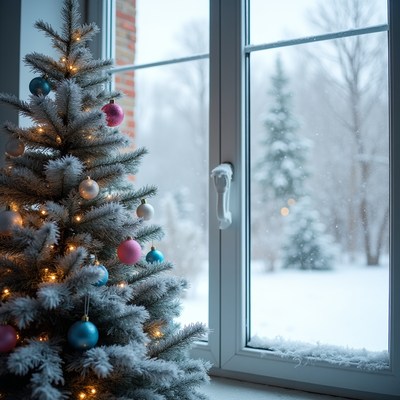 Winter scene with christmas tree indoors