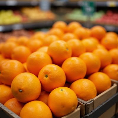 Oranges stacked in grocery store aisle