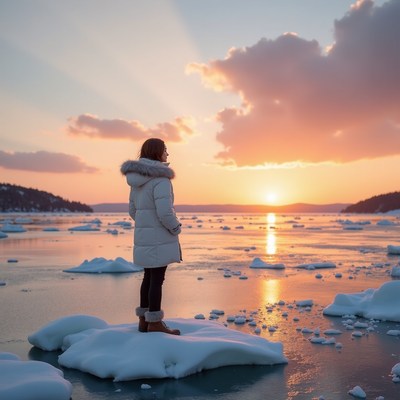 Sunset over frozen lake