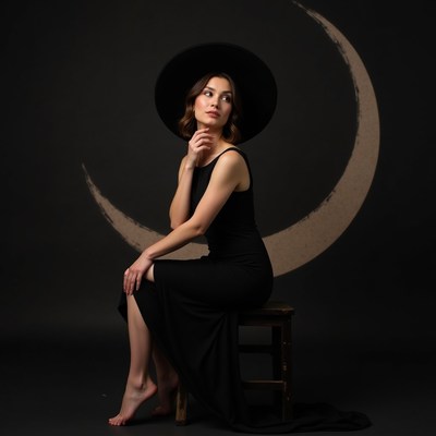 Woman in black dress with hat