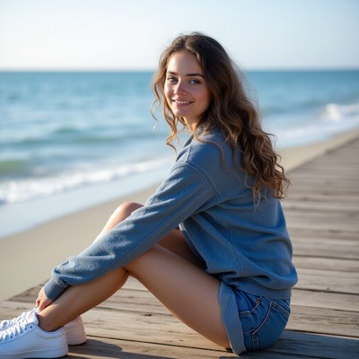 Woman sitting on a dock by the ocean