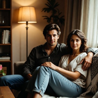 Couple sitting on sofa indoors