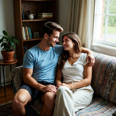 Couple sitting together on sofa