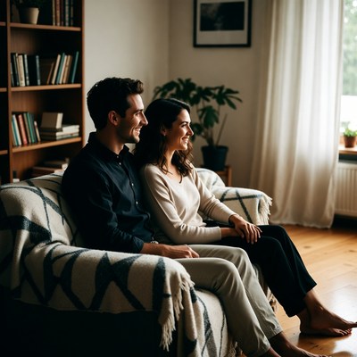 Happy couple sitting on couch