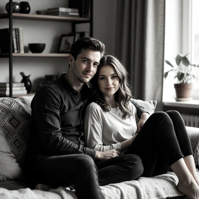 Couple sitting together in living room