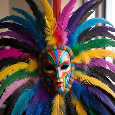 Colorful mask with feathers on display
