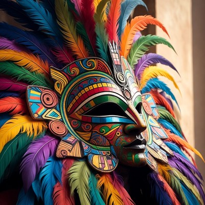 Vibrant mask with colorful feathers