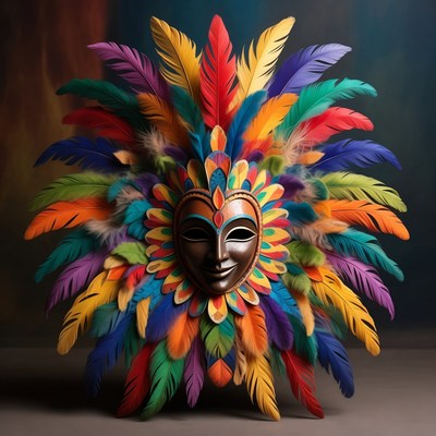Colorful mask with feathers displayed