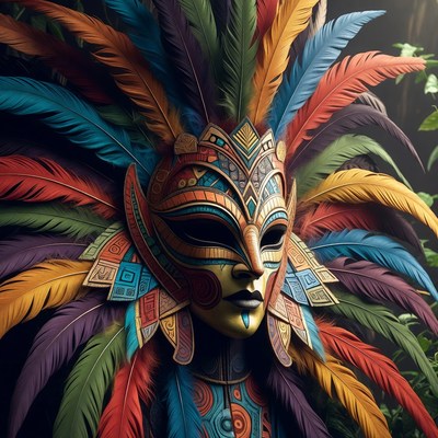 Colorful mask with vibrant feathers