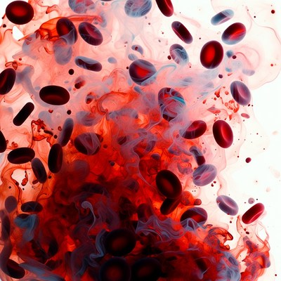 Red fluid with floating objects in motion