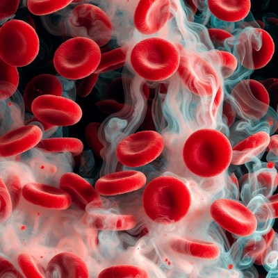 Red blood cells in motion with smoke