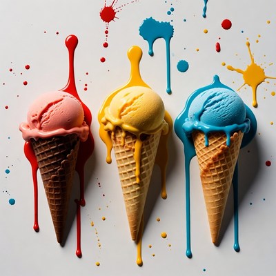 Three ice cream cones with colorful splashes