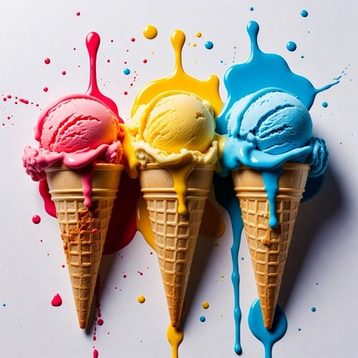 Three colorful ice cream cones melting