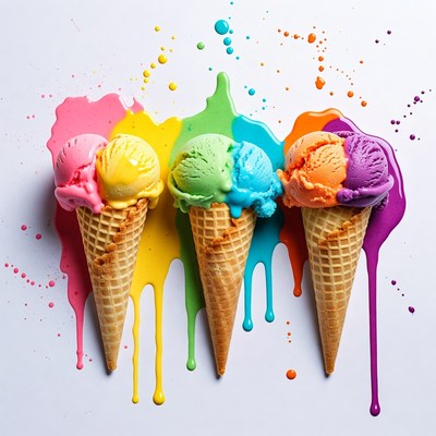 Three ice cream cones with colorful splashes