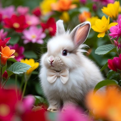 Rabbit in colorful flower garden