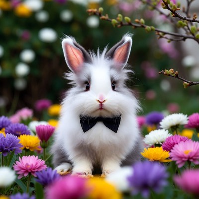 Rabbit sits among colorful flowers