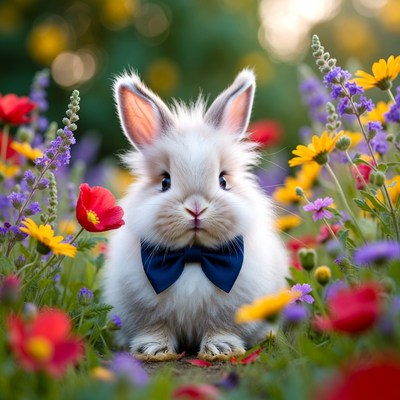 Rabbit in a flower garden wearing a bow tie