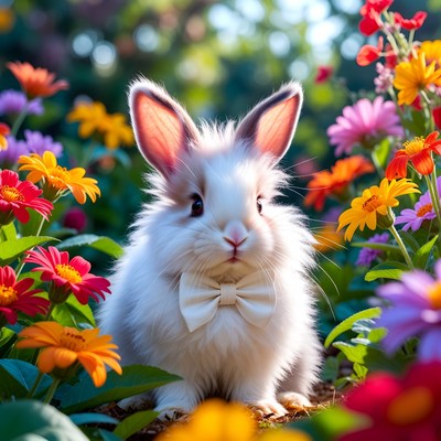 Rabbit sitting among colorful flowers